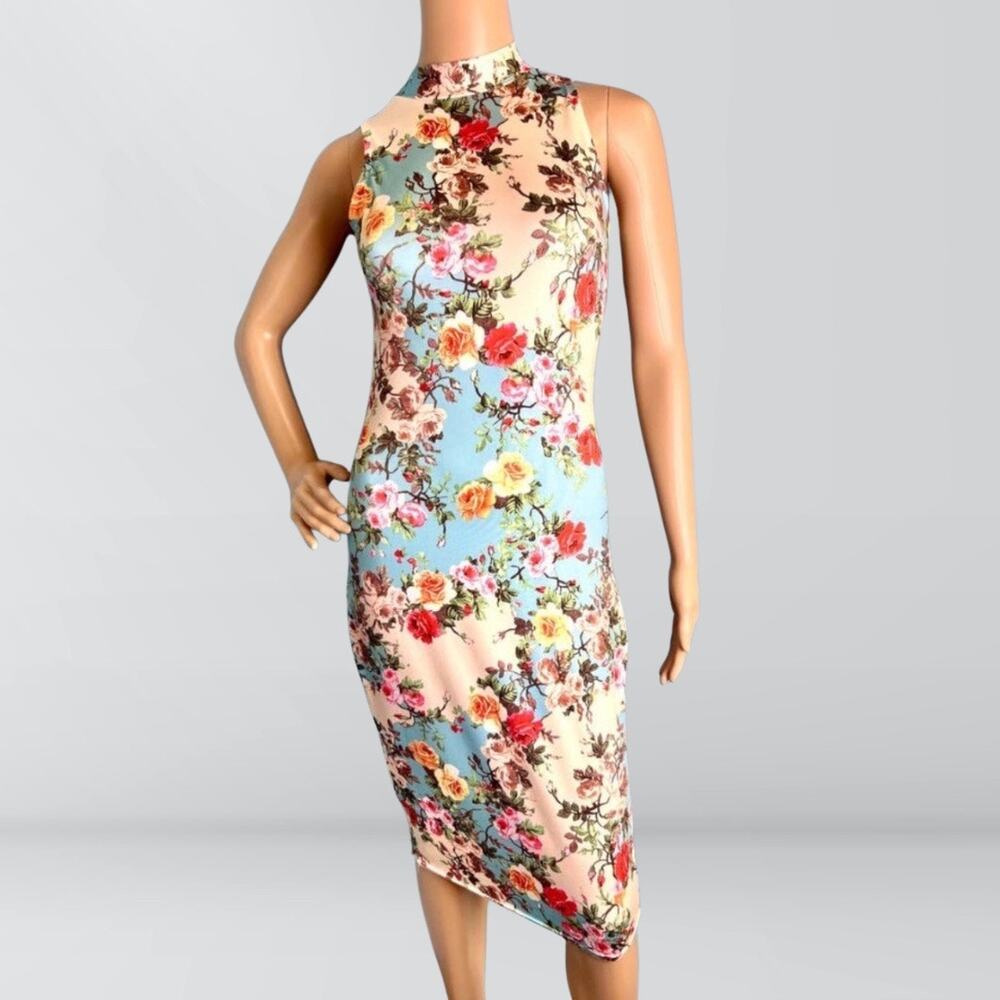 K.K New Fashion Floral Mock Neck Bodycon Midi Dress